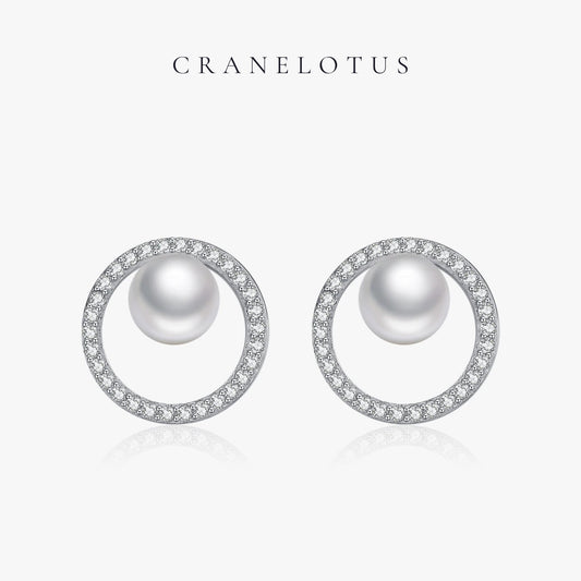 Luminescent Grace: Crystal Pearl Circle Stud Earrings, 925 Sterling Silver