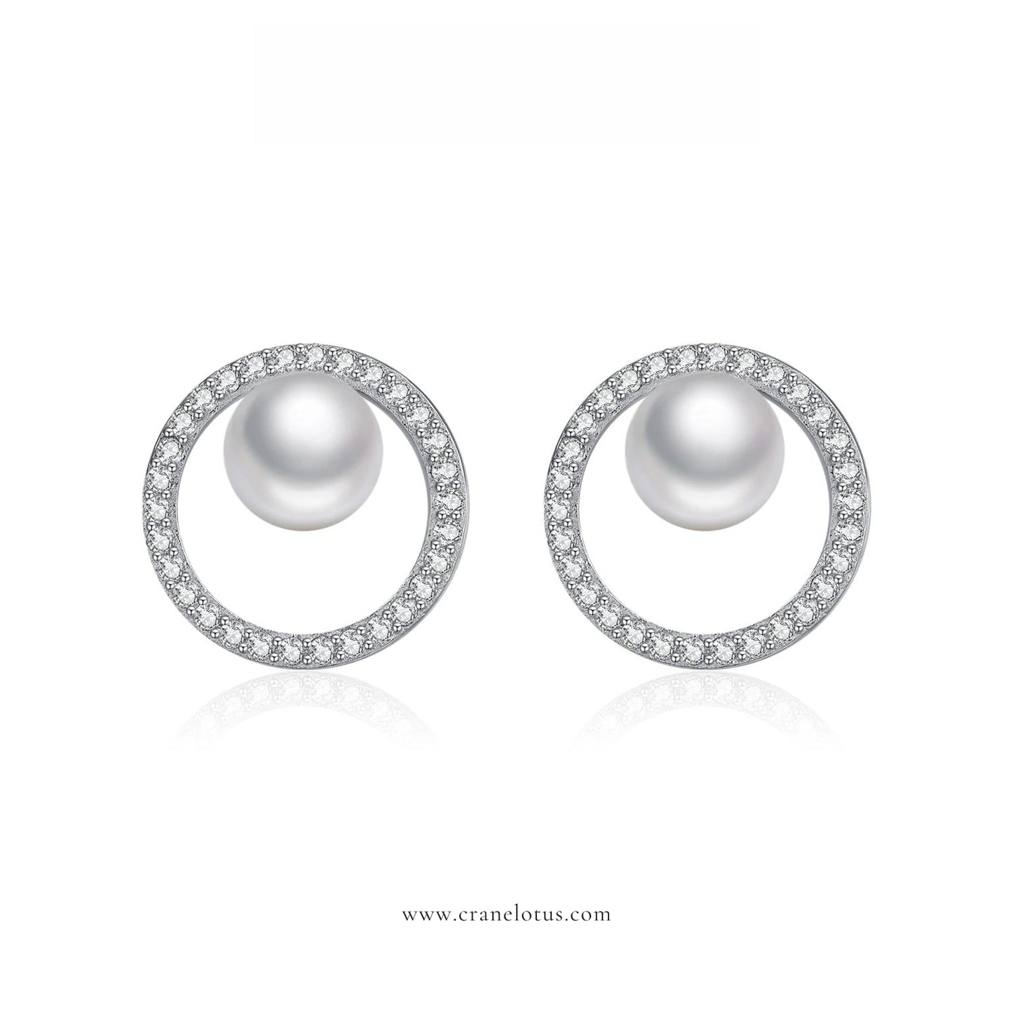 Luminescent Grace: Crystal Pearl Circle Stud Earrings, 925 Sterling Silver