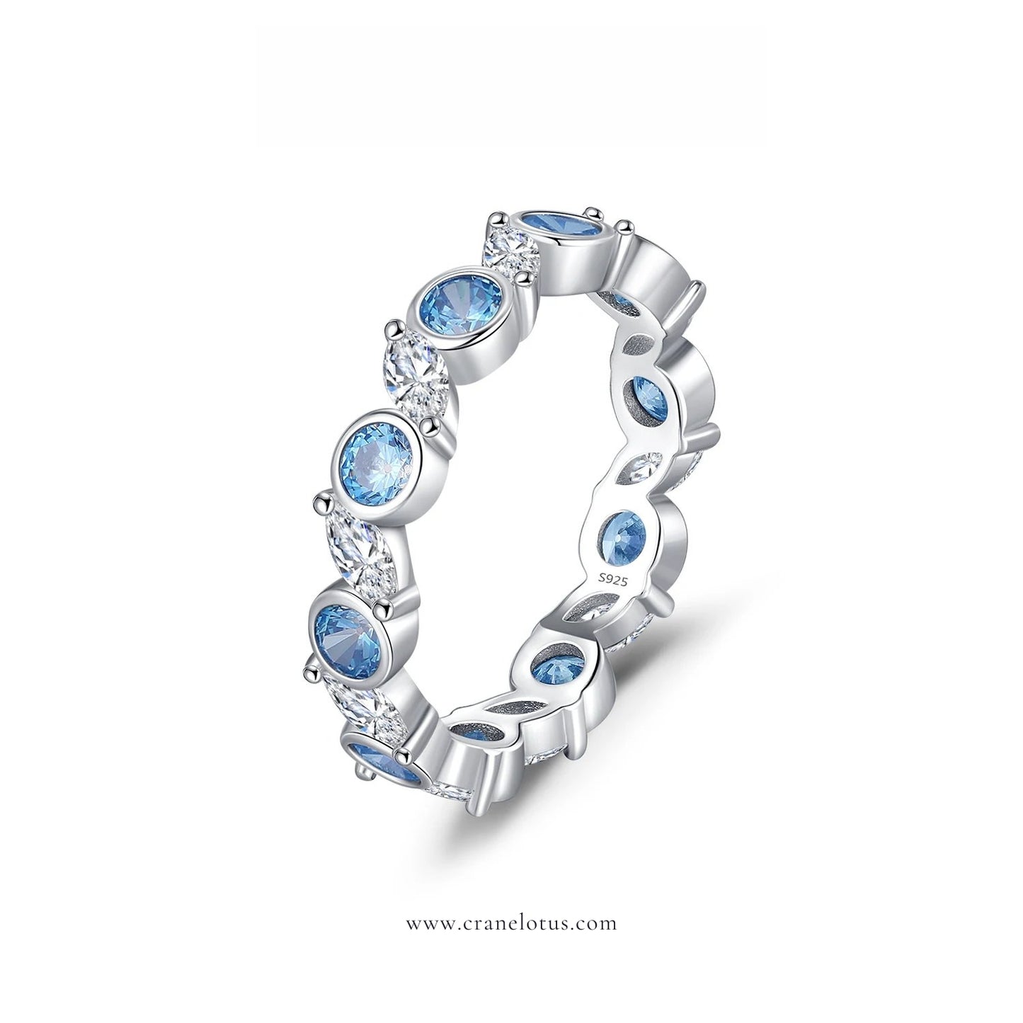 Azure Majesty: Ocean Blue CZ Eternity Ring in 925 Sterling Silver