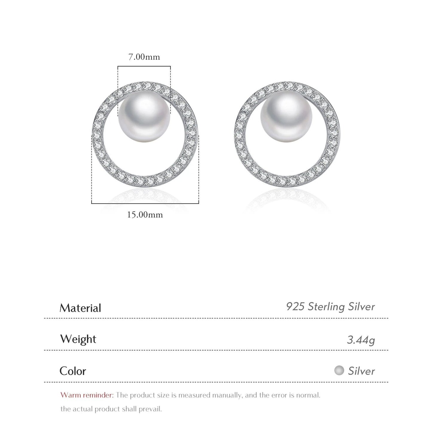 Luminescent Grace: Crystal Pearl Circle Stud Earrings, 925 Sterling Silver