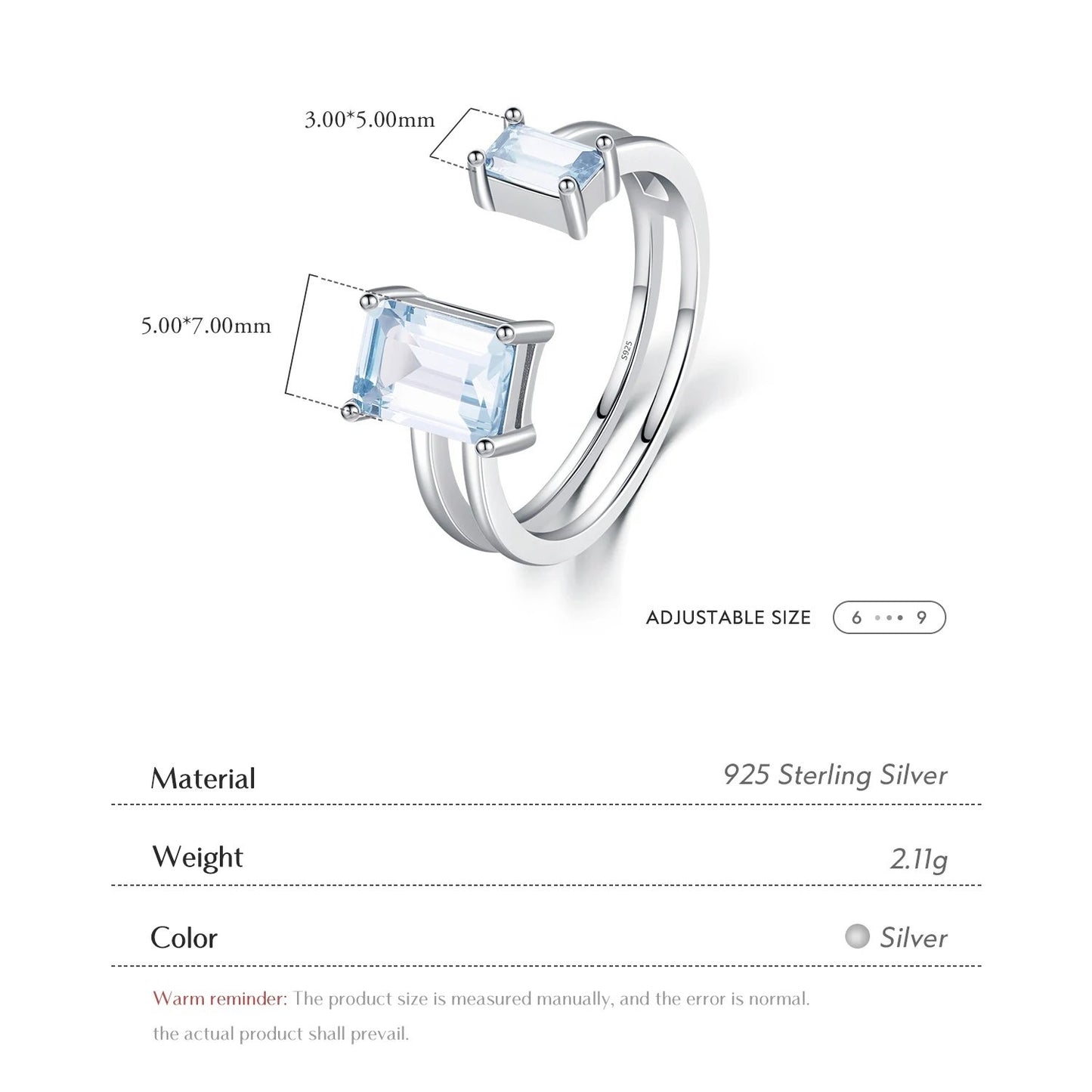 Azure Radiance: Sterling Silver Adjustable Rectangle Blue CZ Ring