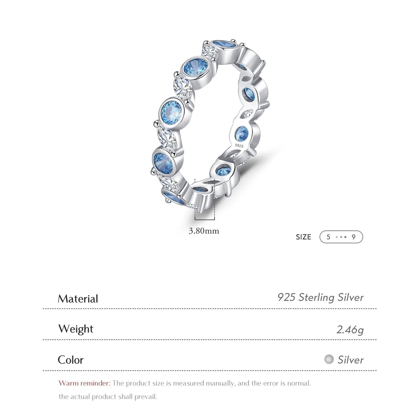 Azure Majesty: Ocean Blue CZ Eternity Ring in 925 Sterling Silver