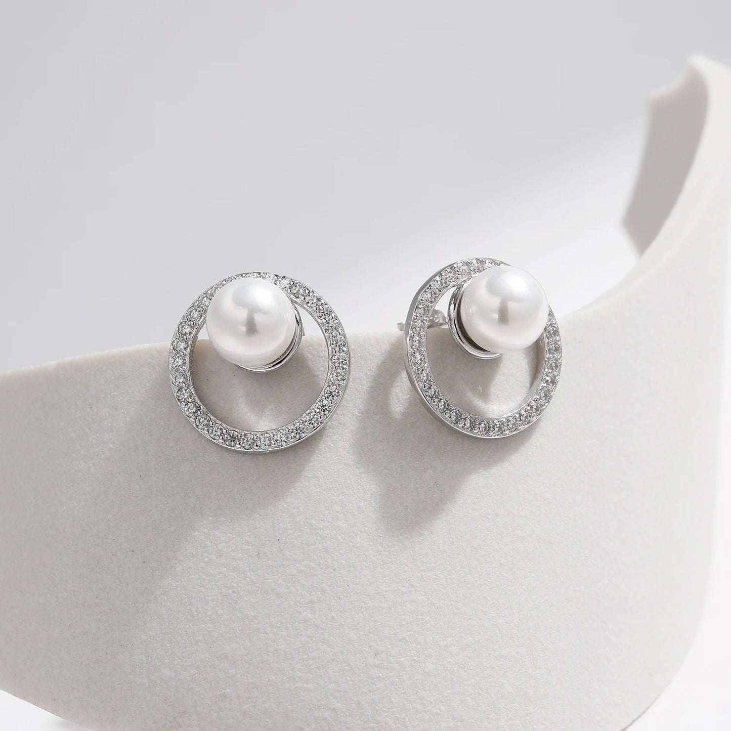 Luminescent Grace: Crystal Pearl Circle Stud Earrings, 925 Sterling Silver