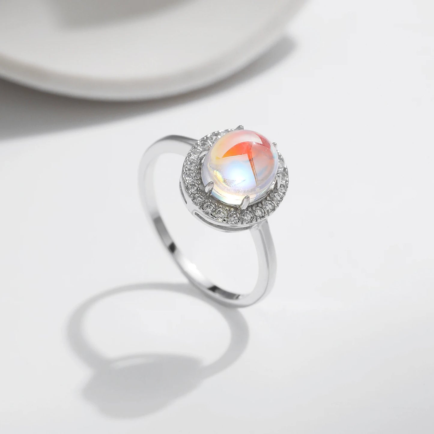 Celestial Elegance: 925 Sterling Silver Rainbow Moonstone Oval Ring