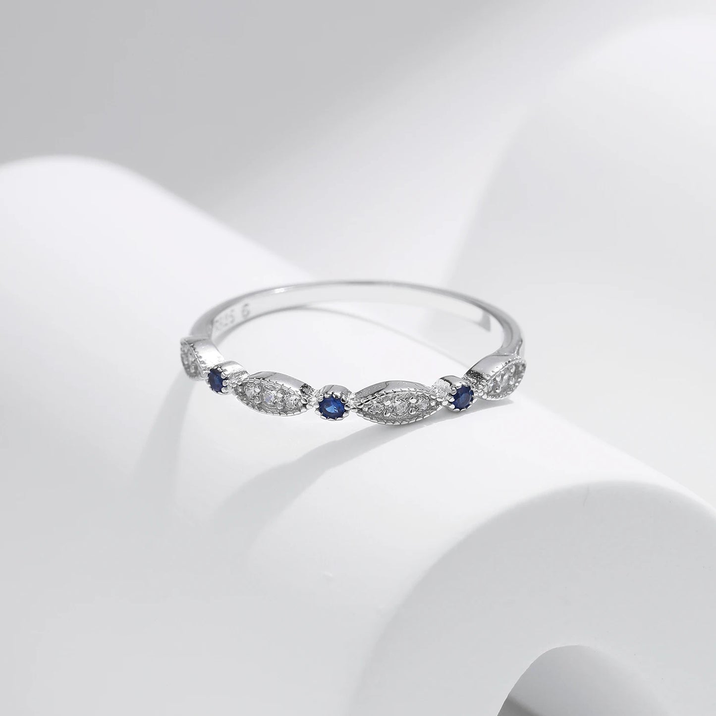 Blue Elegance: 925 Sterling Silver CZ Stackable Ring for Women